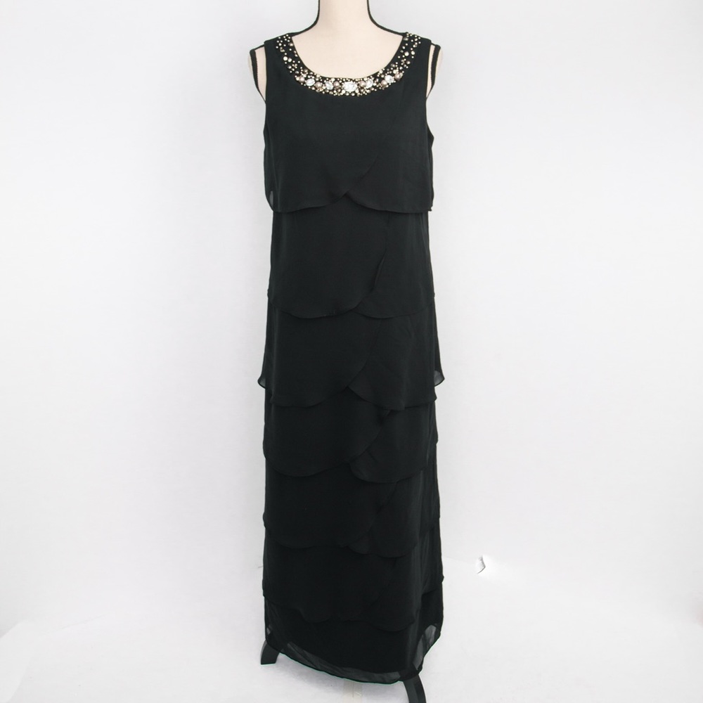 Sheer dress tiered layer chiffon maxi dress jeweled collar R & M Richards 10P